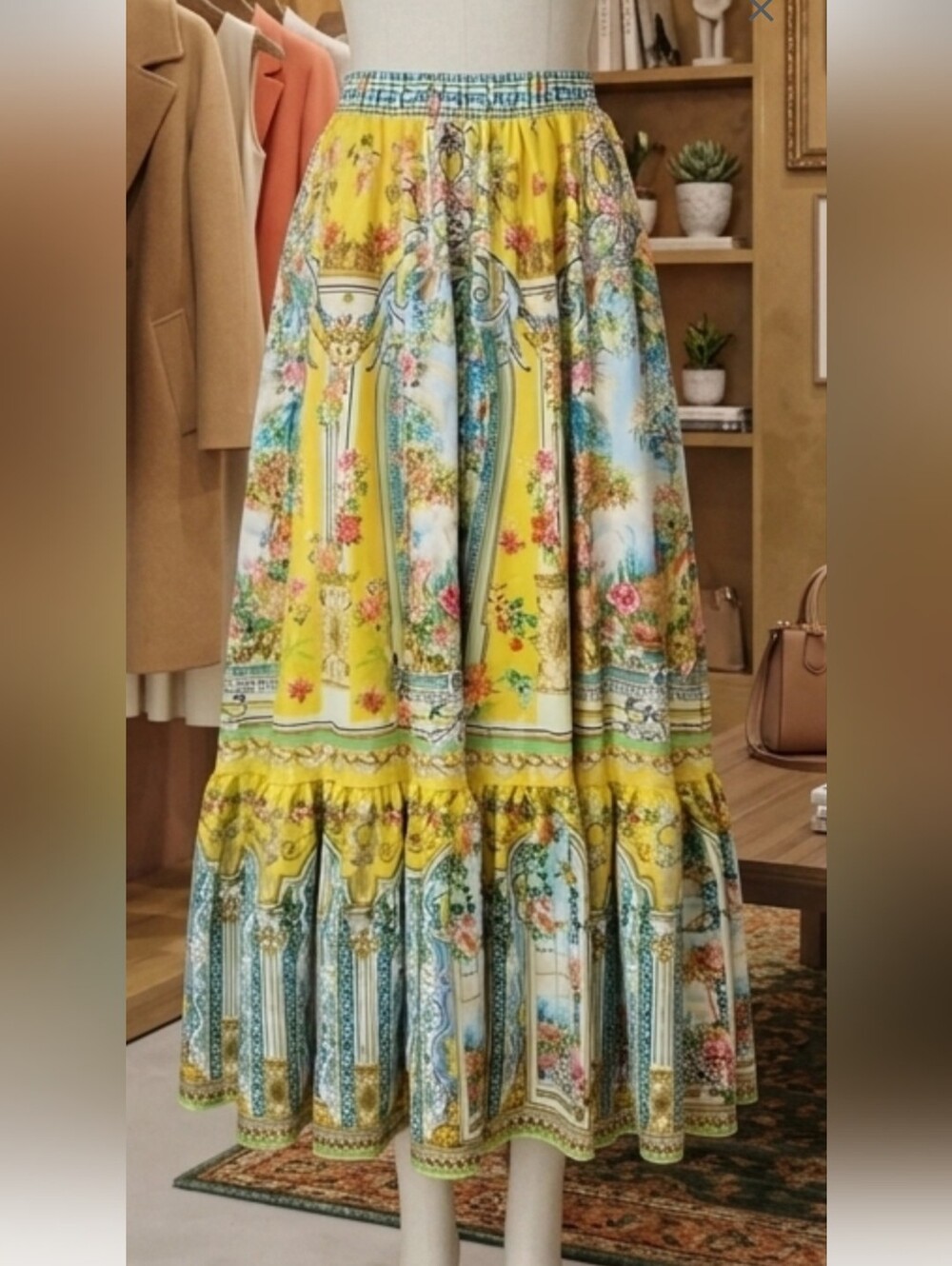 ***Yellow Floral Maxi Skirt - Women's Printed Tiered Skirt Waist 15 To 19"